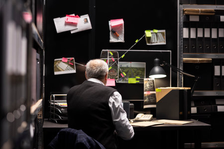 Experienced commissioner collecting evidence from classified files, connecting the dots between witness statements and surveillance photos. Detective work for criminal justice.の写真素材
