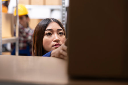 Asian worker checking shipping label on packages in a supply room of a home business. Taped boxes ready for local delivery, managed in a small scale warehouse with organized shelves.の写真素材