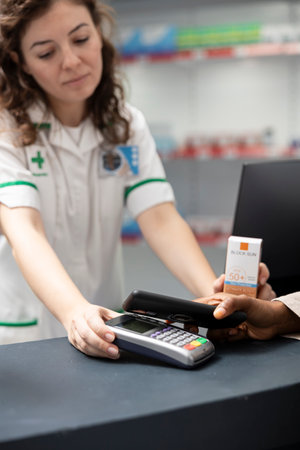 Close up of black client pays using contactless phone technology on a POS at the pharmacy cash register, purchasing vitamins pills and medication from a healthcare worker in a retail drugstore.の写真素材