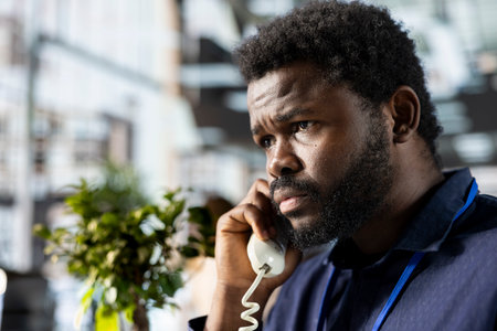 Black administrator taking a call on landline phone at the office, discussing about the future project details to ensure success. Young manager calling his team, business networking.の写真素材