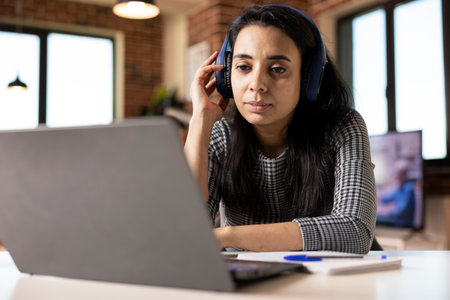 Self employed Indian woman joins webinar using headphones and digital device. Female manager works...