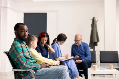 Young black man waiting in hospital reception area for clinical consultation. Portrait of african...
