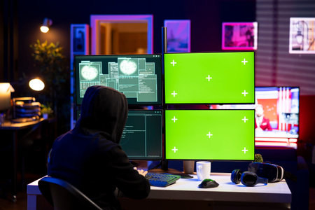 Hacker using exploits on green screen computer to break into systems and access restricted data. Hooded man using chroma key PC VPN on dark web to sell sensitive informationの写真素材