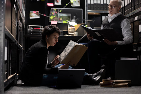 Female law officer working hard on tracing connections for the case, teamwork with experienced detective in order to take down the organized crime and illegal activity. Clandestine operation.の写真素材