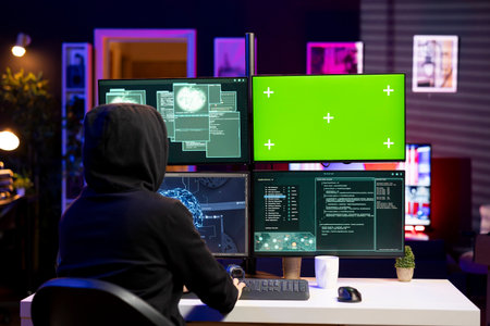 Person using green screen PC, coding designed to exploit network. Engineer using mockup computer to bypass security measures such as logins and password protectionsの写真素材