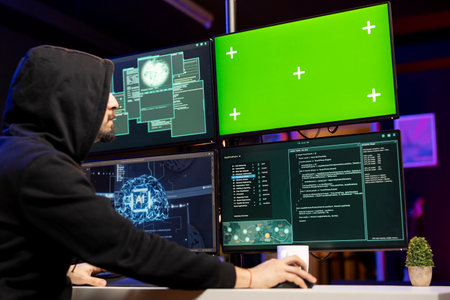 Hacker using AI on green screen mockup PC to break into secure computer systems. Rogue engineer uses...