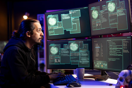 Hacker in secret hideout using PC to gain unauthorized network access, targeting unpatched...