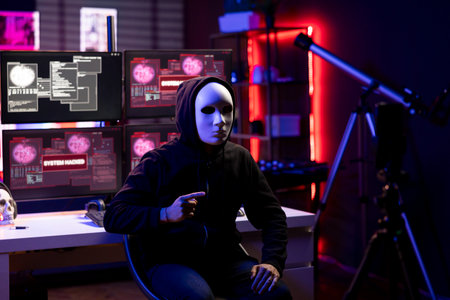 Masked man using phone to film video, doing espionage campaign from covert criminal den. Scammer...