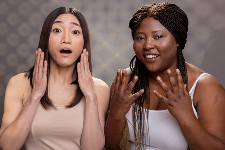 Multiethnic beautiful women surprised and posing with different emotions, showcasing confidence and acceptance for all skin tones and body shapes. African american and asian models.の写真素材