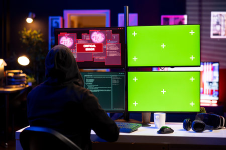 Hooded hacker seeing critical error message on green screen mockup PC when trying to steal data....