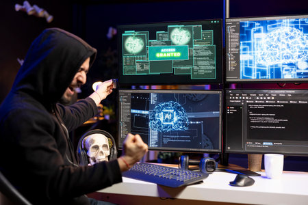 Ecstatic hacker doing covert operations celebrating after bypassing security using USB virus. Rogue programmer overjoyed after successfully penetrating firewalls, getting access granted messageの写真素材