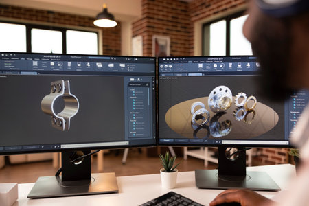 African american developer working in home studio with dual monitors and CAD tools. Male engineer...