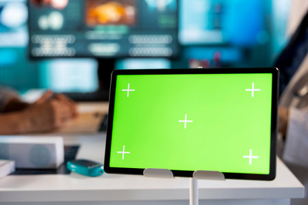 Experienced physician doing check up routine with patient next to chroma key screen, discussing...