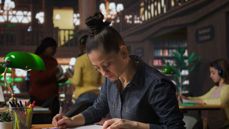 Librarian completing notes on learning materials to help students with academic success, preparing...