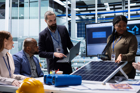 Scientists in solar technology lab doing research and development, experimenting with photovoltaic...