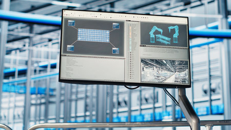 Close up of display in smart factory used to test automated systems, ensuring reliability. Monitor...