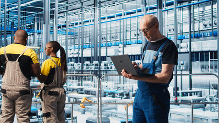 Industry 4.0 industrial plant senior engineer automating robotic machines using laptop software....