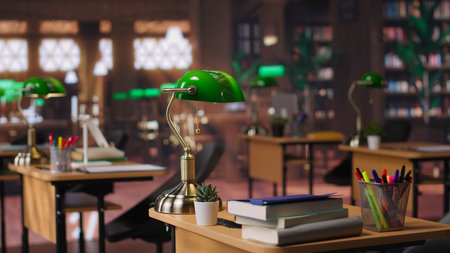 Refined vintage library with wooden shelves and classic green lamps, a calm workspace for...