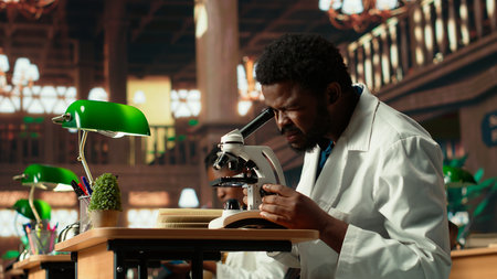 African American pupil studies microbiology in a campus library, examining cells and microorganisms...