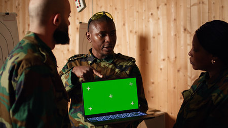 Team of military units at shooting range watching video on isolated screen laptop to learn necessary...