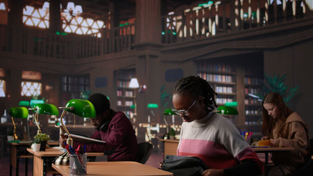African american student comparing class notes with data from the library collection database, using...