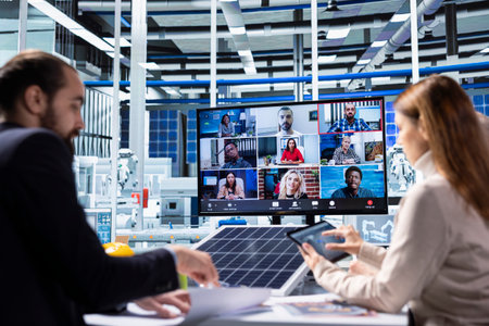 Investors in solar panels plant examine financial statements and assets during internet videocall....