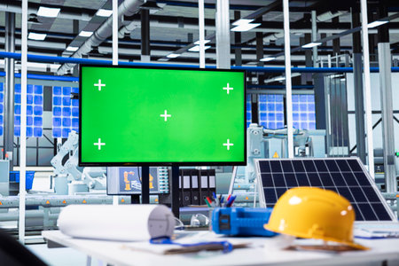 Green screen monitor inside automated photovoltaics industrial facility next to safety helmet on workspace table. Mockup computer in solar panels plant troubleshooting technical issuesの写真素材
