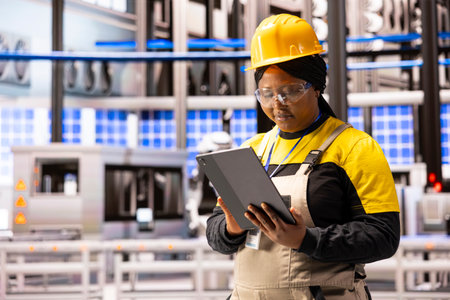 African american woman managing industrial operations with tablet, focusing on efficiency and...