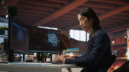 CTO manager in AI startup drinking coffee while coding applications in programming languages. Chief...