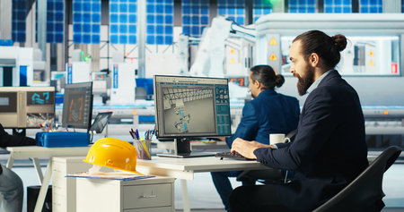 Solar panels manufacturing plant researcher entering office, drinking coffee, studying how to...