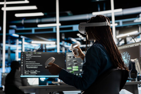 Data center technician using virtual reality technology to visualize artificial intelligence neural...