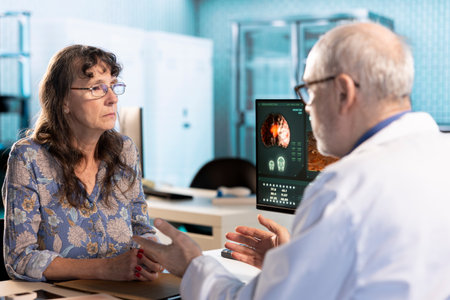 Healthcare physician sharing his medical expertise and reading the MRI scans results with female...
