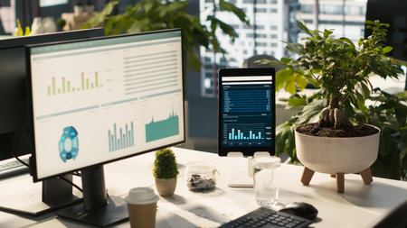 Business graphs and KPI metrics on displays in workplace, jib up shot. Office desk setup in bright...