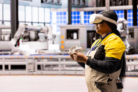 Automation engineer integrates virtual reality into manufacturing process at smart factory. Black...