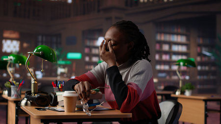Young adult wakes up black student in the university library after falling asleep on her pile of...