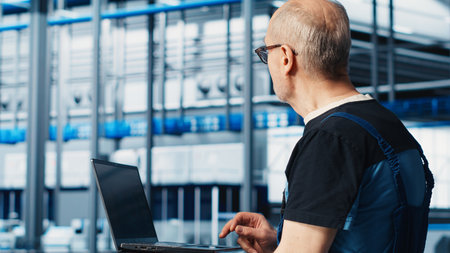 Smart factory expert using laptop software to test automated systems and ensure reliability. Worker...