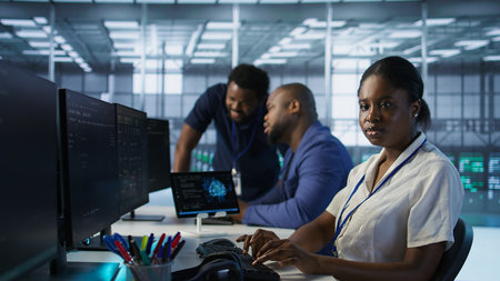 Team leader in server room teaching intern to develop disaster recovery plans ensuring minimal...