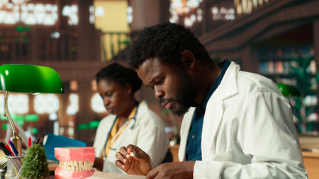African american future dentist examines a plastic model of human teeth, studying stomatology practices in the campus library. Male student learns about dentistry or oral health. Camera B.の写真素材