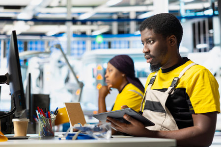Photovoltaics factory technician studies CAD technical drawings for solar modules on the tablet,...