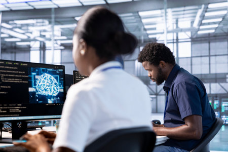 Server hub workspace IT professional using AI systems to input data faster and solve complex...