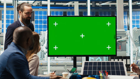 Photovoltaics plant researchers doing meeting, looking at green screen monitor, evaluating energy...
