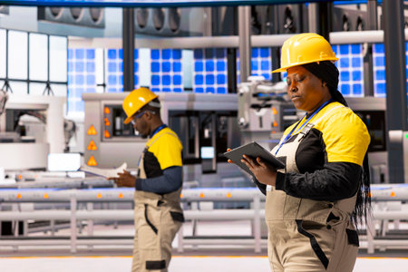 African american technicians inspecting Industry 4.0 plant and assessing manufacturing process....