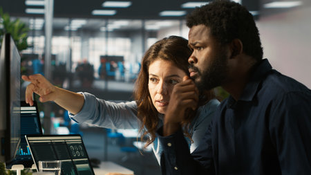 Employee and coworker looking over revenue figures on PC in office. Teamworking colleagues focused...
