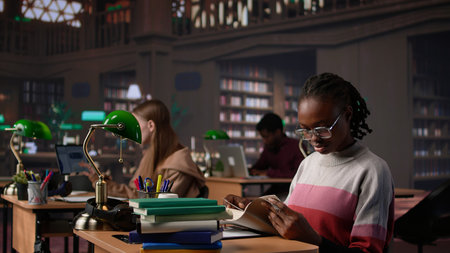 Black girl reading books and handwritten class notes right before the exam, making preparations all...