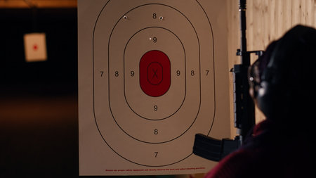 Woman in firing range training with pistol, looking at results on paper target. African american...
