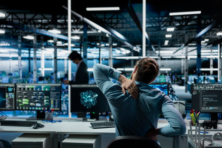 Tired data center software developer stretching to ease back tension while using AI LLM assistant. Server room IT professional massages injured back after long hours at computer codingの写真素材