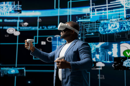Portrait of a young african american engineer focused on VR headset programming and analytics, surrounded by neural networks systems and AI data visualization. Future of innovation in tech.の写真素材