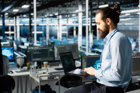 Data center computer scientist adjusting AI model parameters to enhance accuracy. Server room IT...