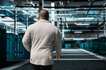 Admin in high tech data center doing checkup to prolong hardware life span protecting against...