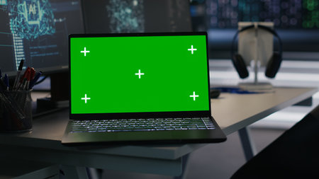 Isolated screen laptop in server farm monitoring artificial intelligence visualizing neural networks...